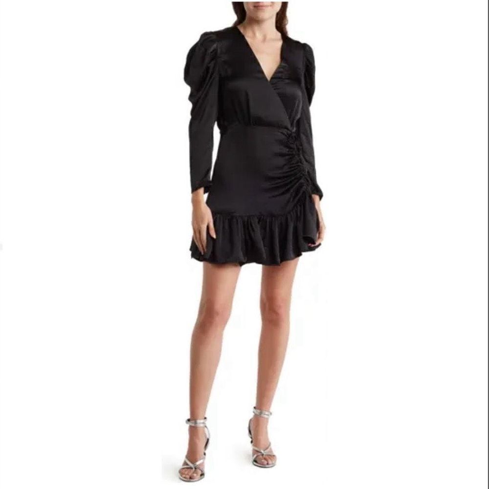 NWT Steve Madden Sz M Gorgeous Nyla Long Sleeve Ruched Satin Ruffle Mini Dress